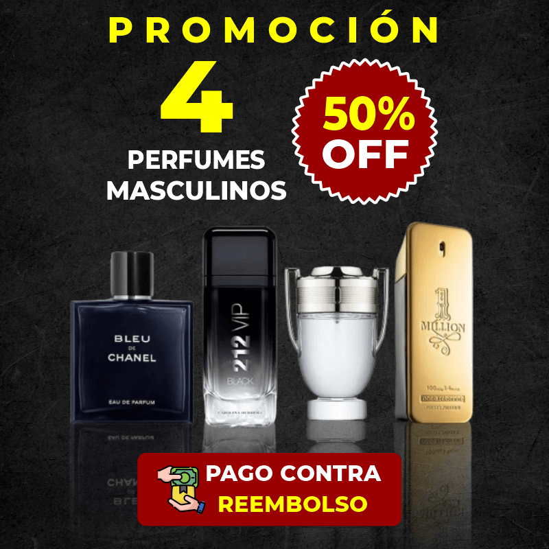 [PROMOCIÓN 50% OFF] 4 PERFUMES CABALLERO 100ml - Bleu de Channel, 212 Vip Black, Invictus y One Million - TiendaMegaBox